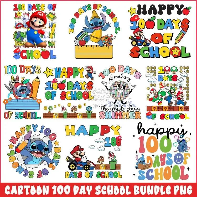 10 Cartoon 100 day school Designs Bundle PNG