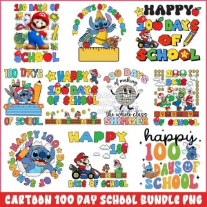 10 Cartoon 100 day school Designs Bundle PNG
