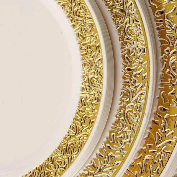 10 Pack 6" Gold Lace Rim Ivory Disposable Salad Plates, Plastic Dessert Appetizer Plates