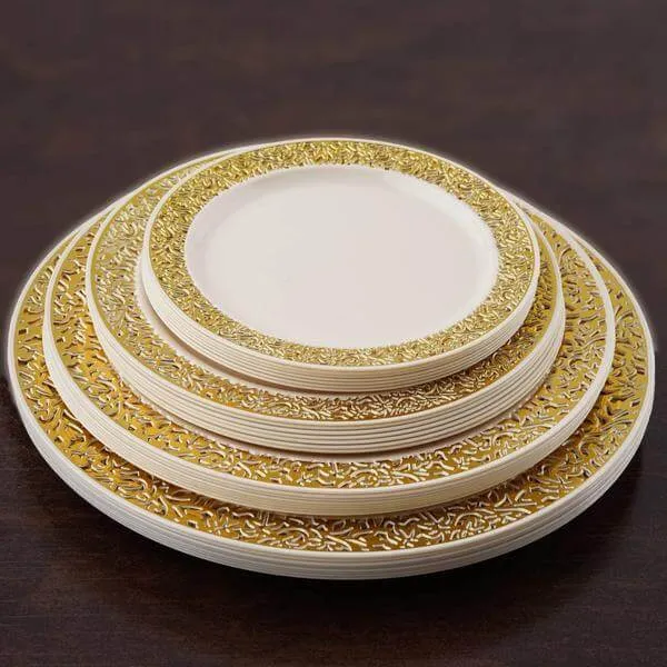 10 Pack 6" Gold Lace Rim Ivory Disposable Salad Plates, Plastic Dessert Appetizer Plates