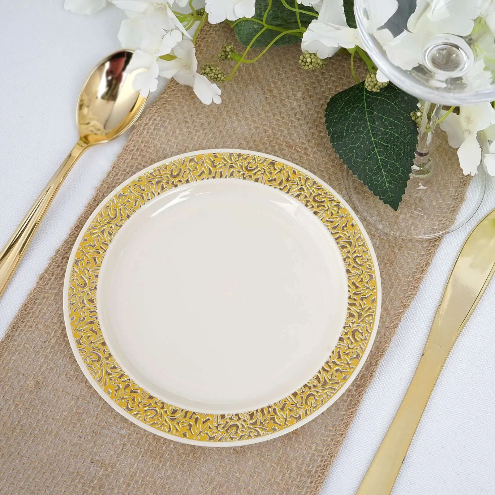 10 Pack 6" Gold Lace Rim Ivory Disposable Salad Plates, Plastic Dessert Appetizer Plates