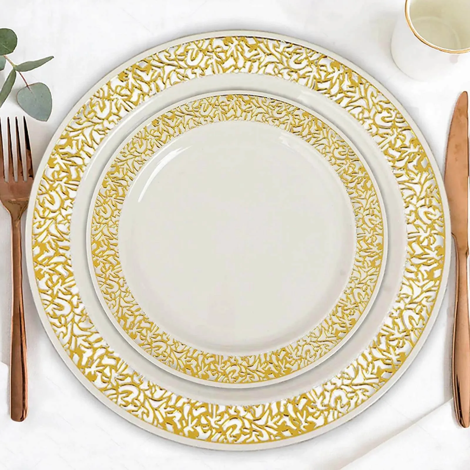 10 Pack 6" Gold Lace Rim Ivory Disposable Salad Plates, Plastic Dessert Appetizer Plates