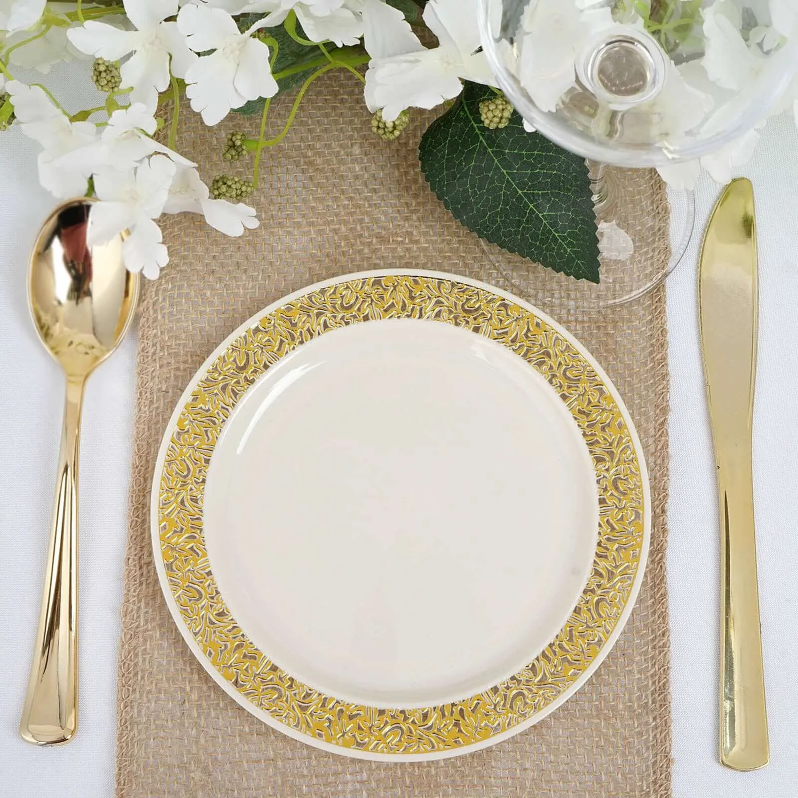 10 Pack 6" Gold Lace Rim Ivory Disposable Salad Plates, Plastic Dessert Appetizer Plates