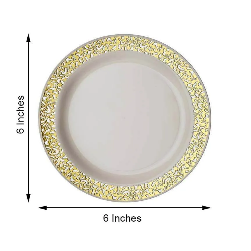 10 Pack 6" Gold Lace Rim Ivory Disposable Salad Plates, Plastic Dessert Appetizer Plates