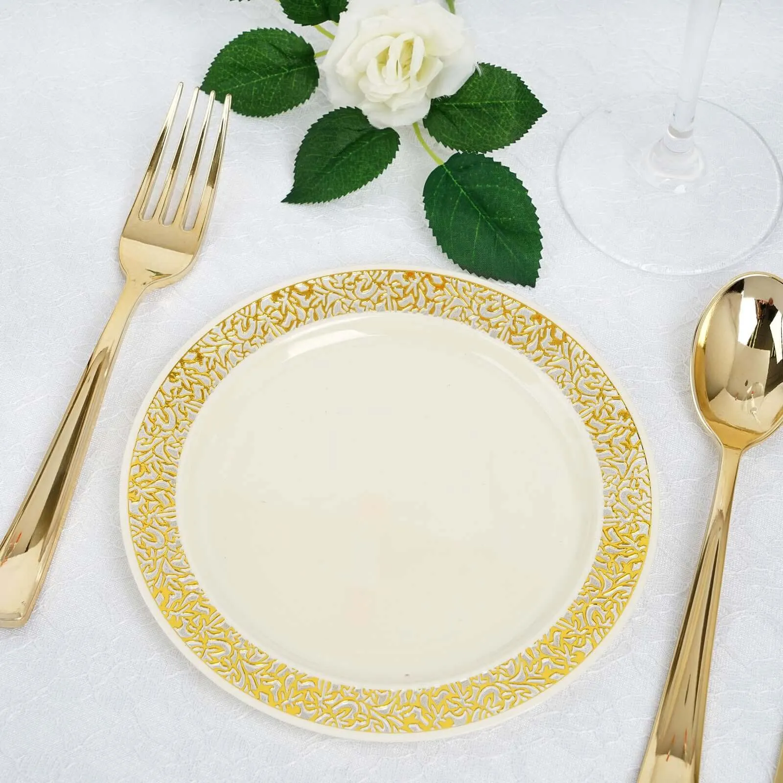 10 Pack 6" Gold Lace Rim Ivory Disposable Salad Plates, Plastic Dessert Appetizer Plates