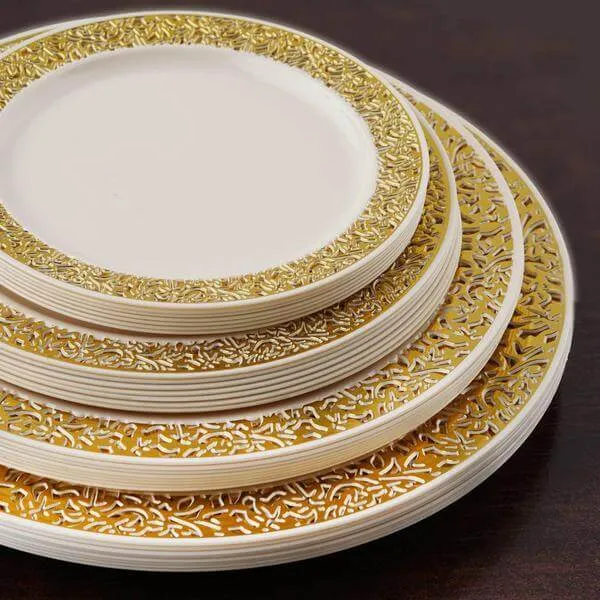 10 Pack 6" Gold Lace Rim Ivory Disposable Salad Plates, Plastic Dessert Appetizer Plates