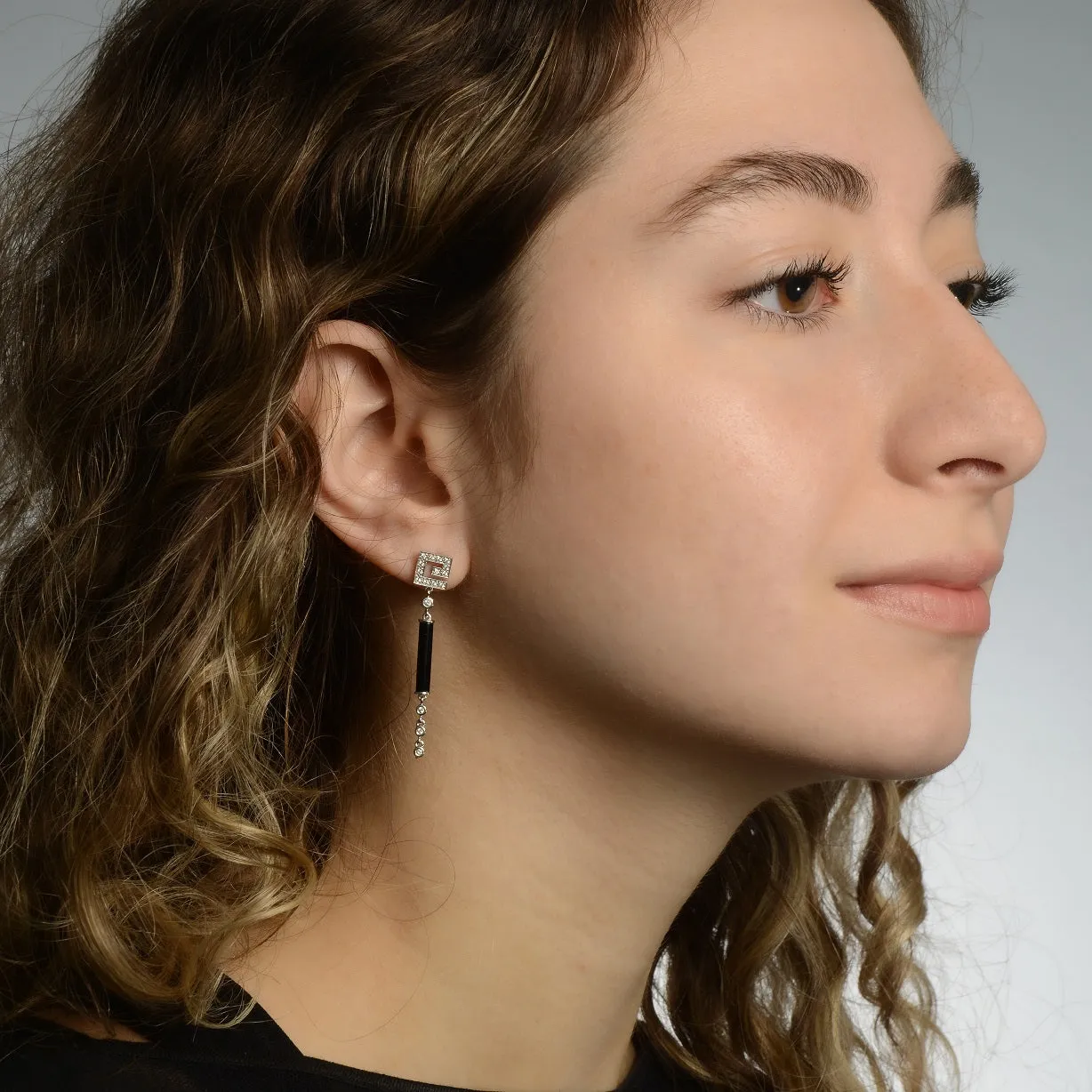 14K White Gold CZ w/Onyx Drop Earrings