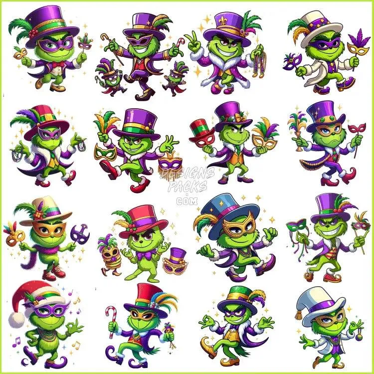 16 Grinch Mardi Gras Designs Bundle PNG