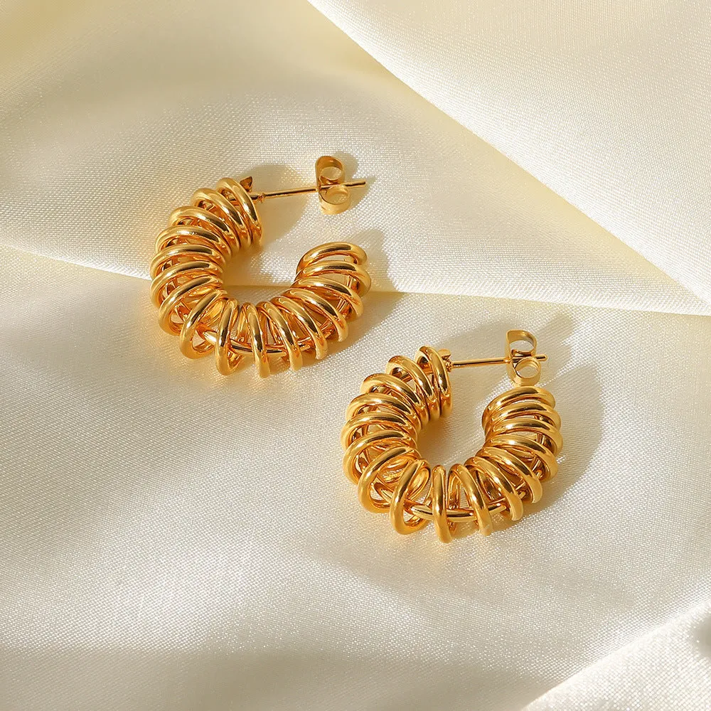 18K Gold Electric Coil Geometric C-Shaped Earrings