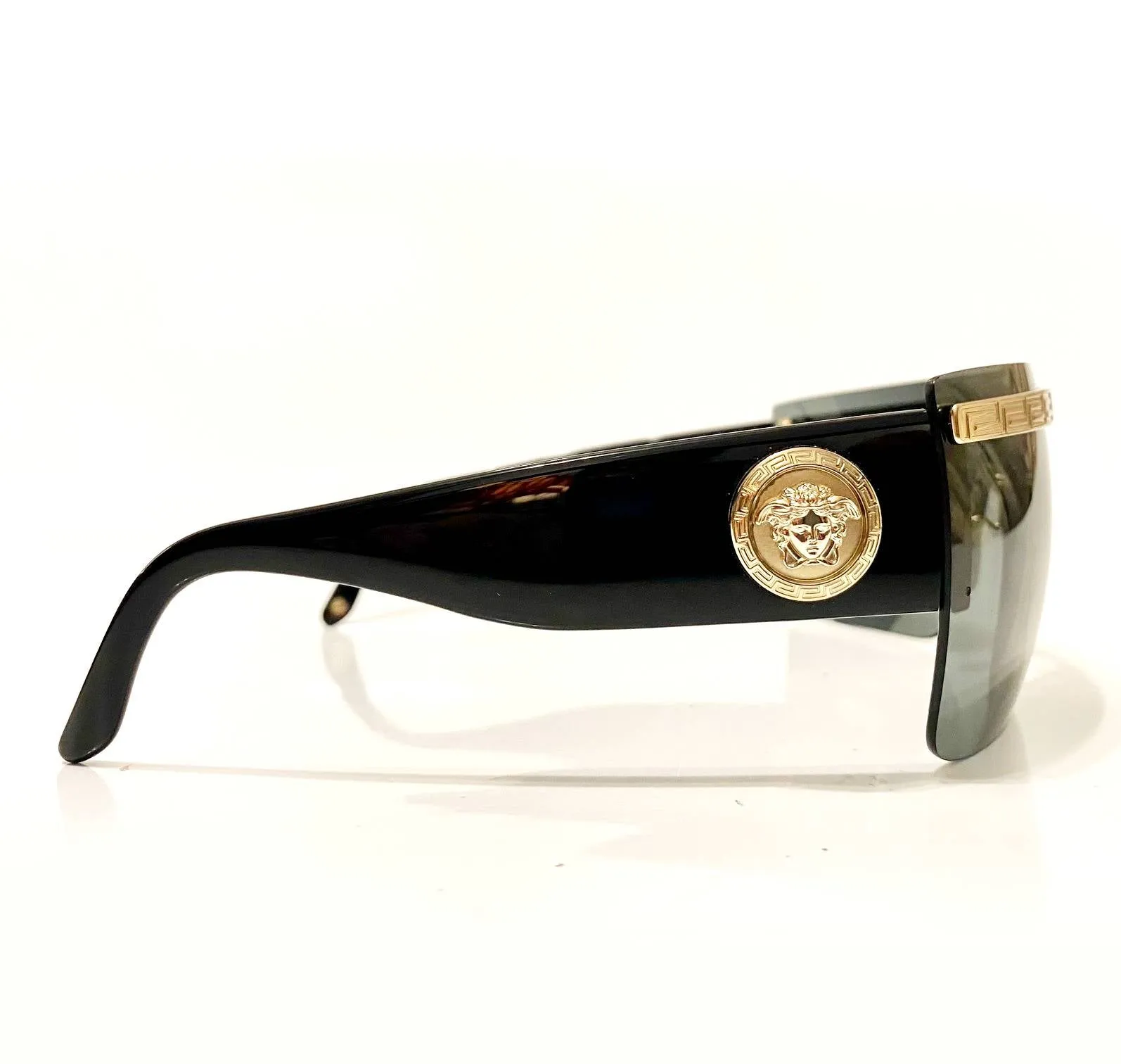 1990s Versace Medusa Medallion Mask Dark Lenses Gold Sunglasses