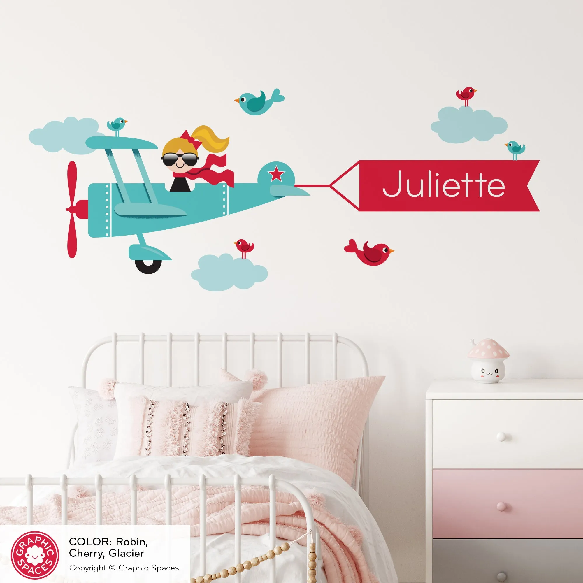 Airplane Girl Name Banner Fabric Wall Decal