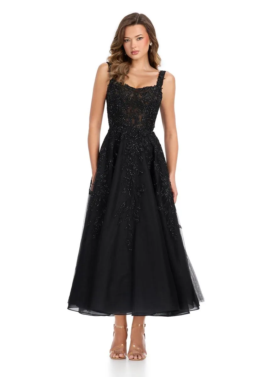 ASHLEYlauren  Tulle Lace Tea Length Midi Dress 11899