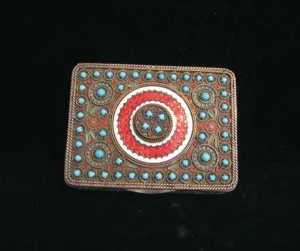 Circa 1890 French Gold Ormolu Compact Red Guilloche Enamel Turquoise Stones