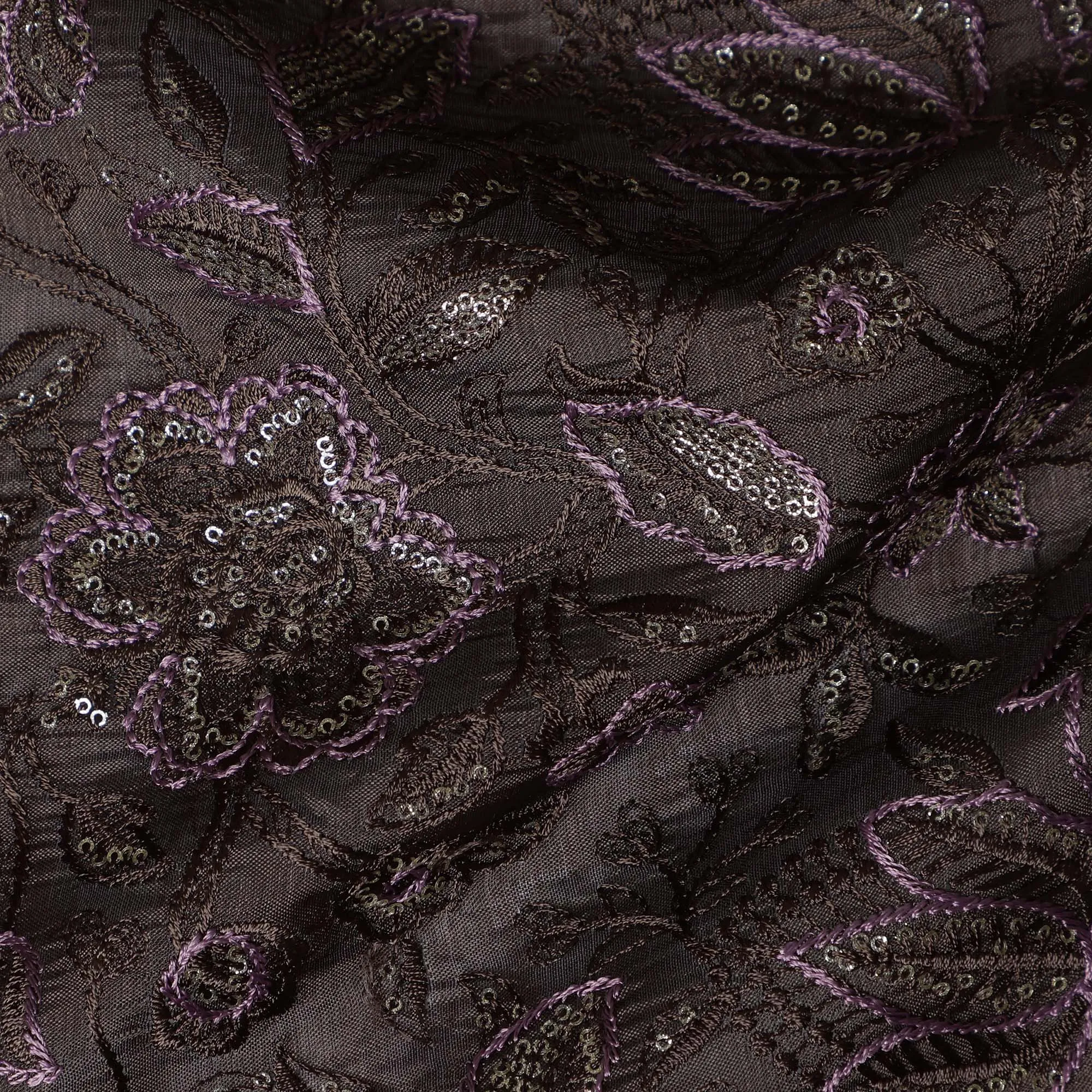 Dark Brown Tussar Silk Fabric with Floral Embroidery, 110 cm Width-D20949