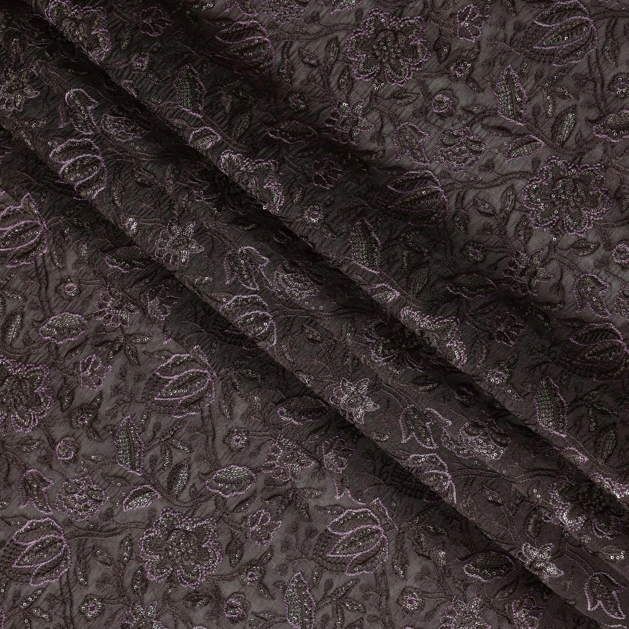 Dark Brown Tussar Silk Fabric with Floral Embroidery, 110 cm Width-D20949