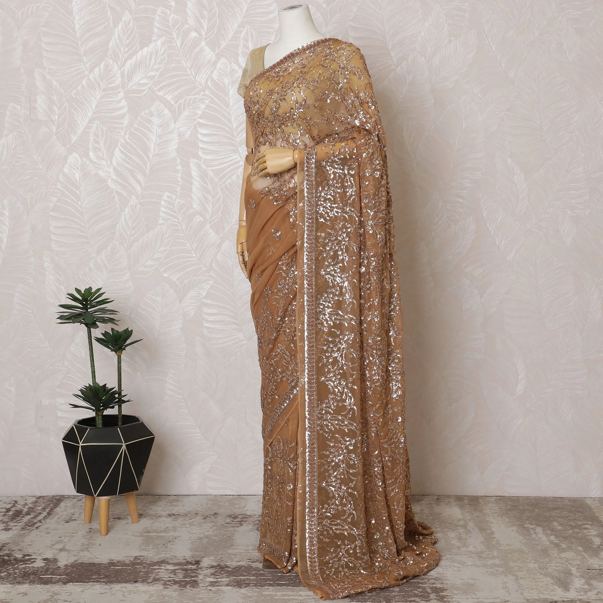 Elegant Champagne Gold Silk Chiffon Saree with Sequin Embroidery,110 cm Width, 5.5 Meters Piece-D19474