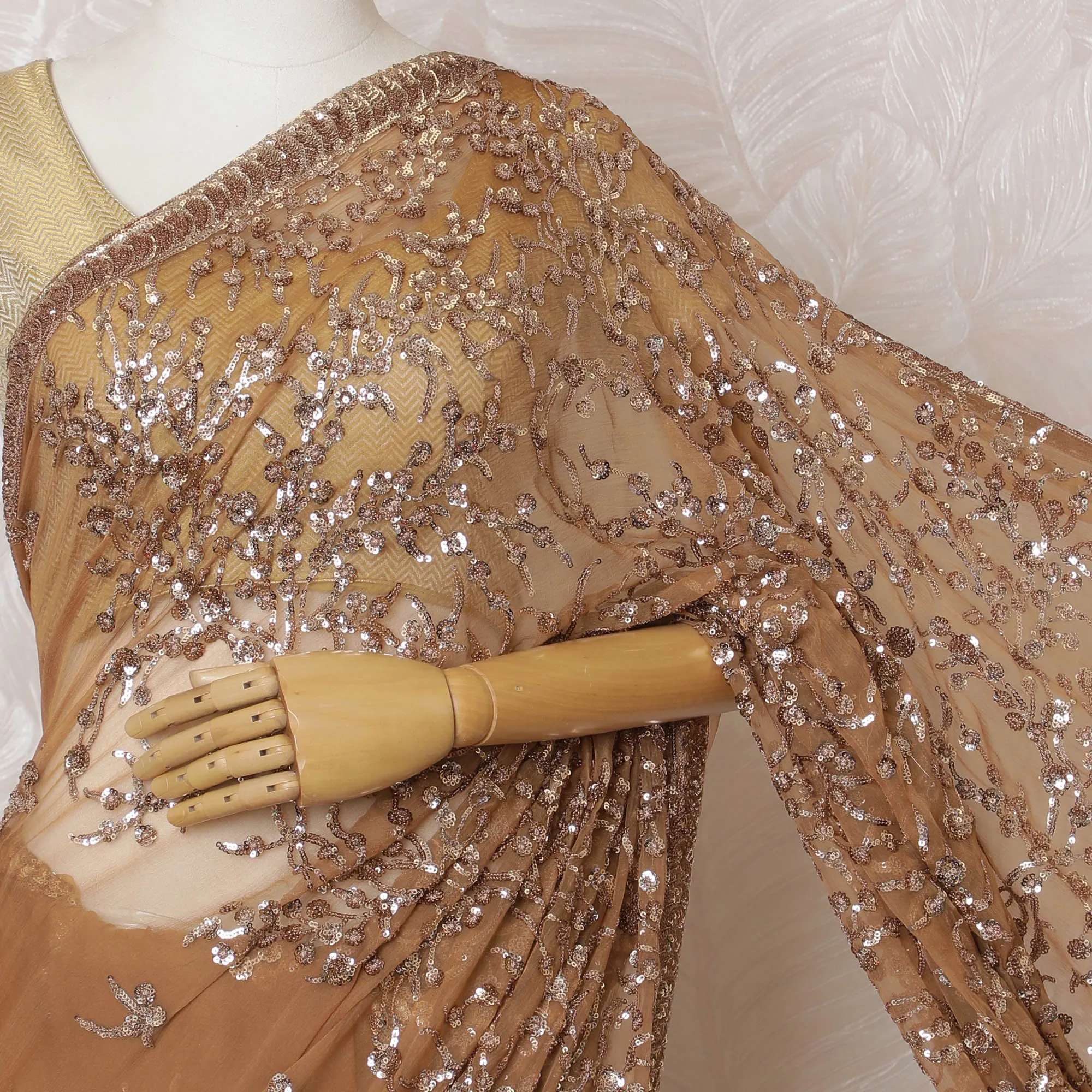 Elegant Champagne Gold Silk Chiffon Saree with Sequin Embroidery,110 cm Width, 5.5 Meters Piece-D19474