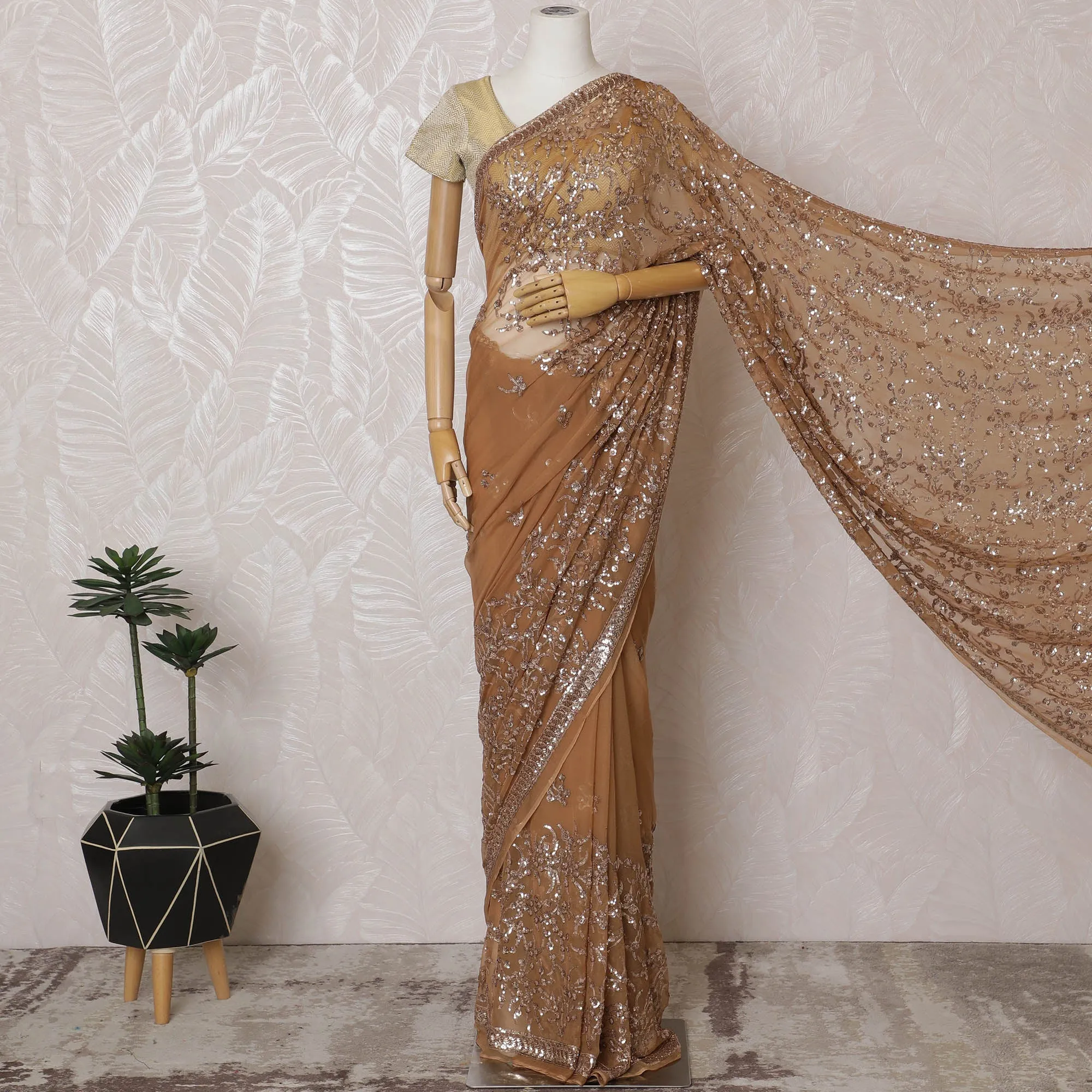 Elegant Champagne Gold Silk Chiffon Saree with Sequin Embroidery,110 cm Width, 5.5 Meters Piece-D19474