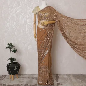 Elegant Champagne Gold Silk Chiffon Saree with Sequin Embroidery,110 cm Width, 5.5 Meters Piece-D19474