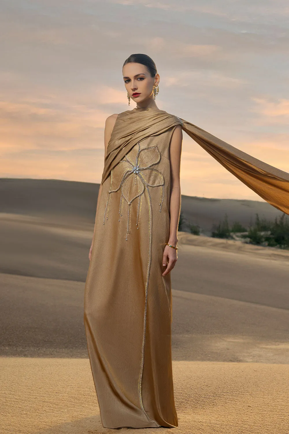 Evangeline Shift Sleeveless Taffeta Silk Maxi Dress