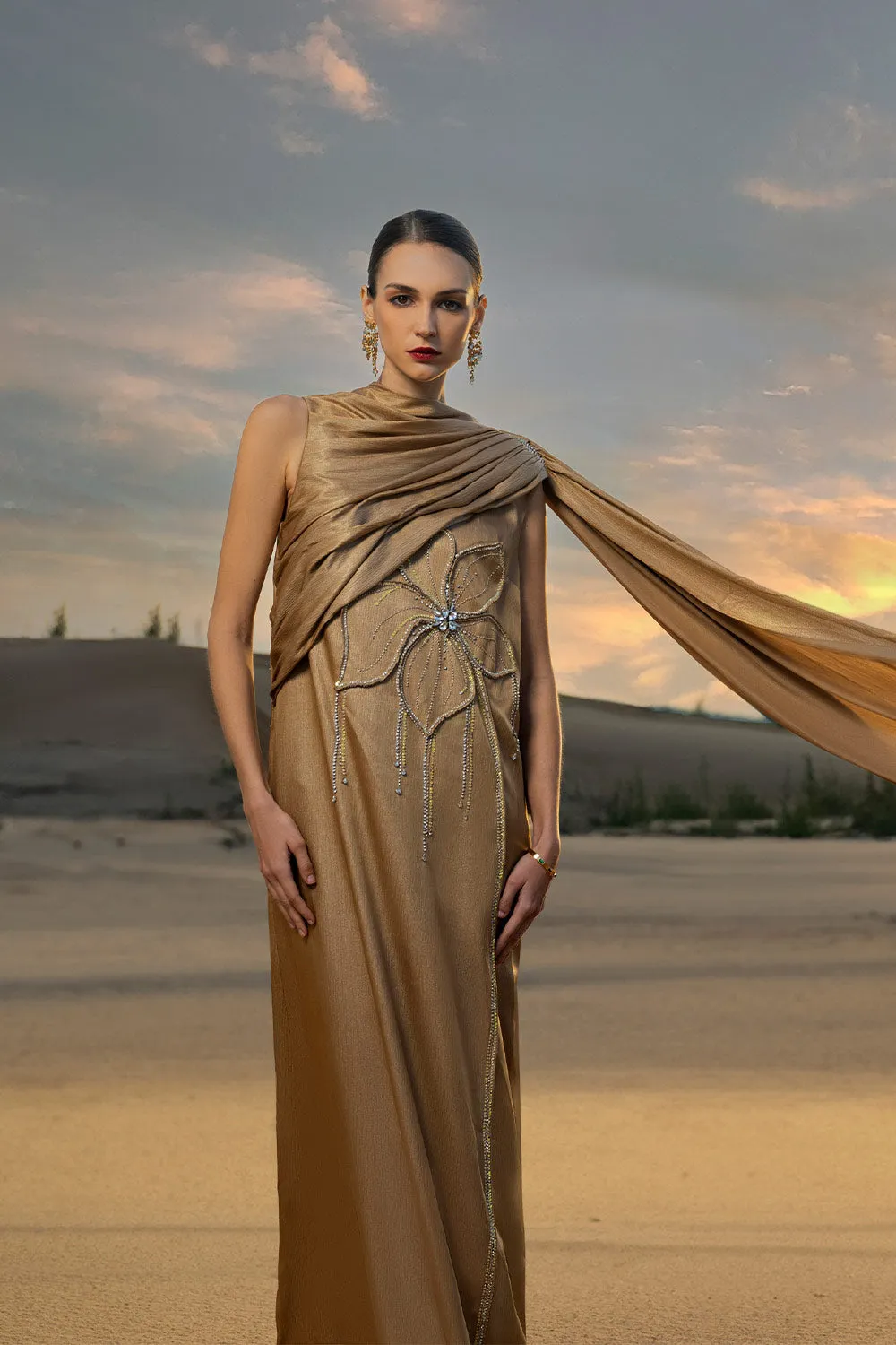Evangeline Shift Sleeveless Taffeta Silk Maxi Dress