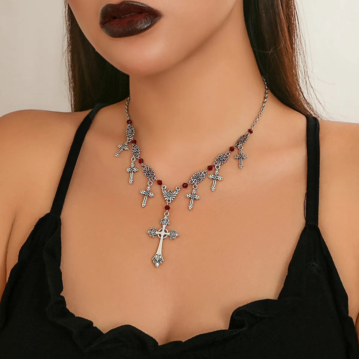 Gothic Style Blood Drop Tassel Necklace with Thorny Collar