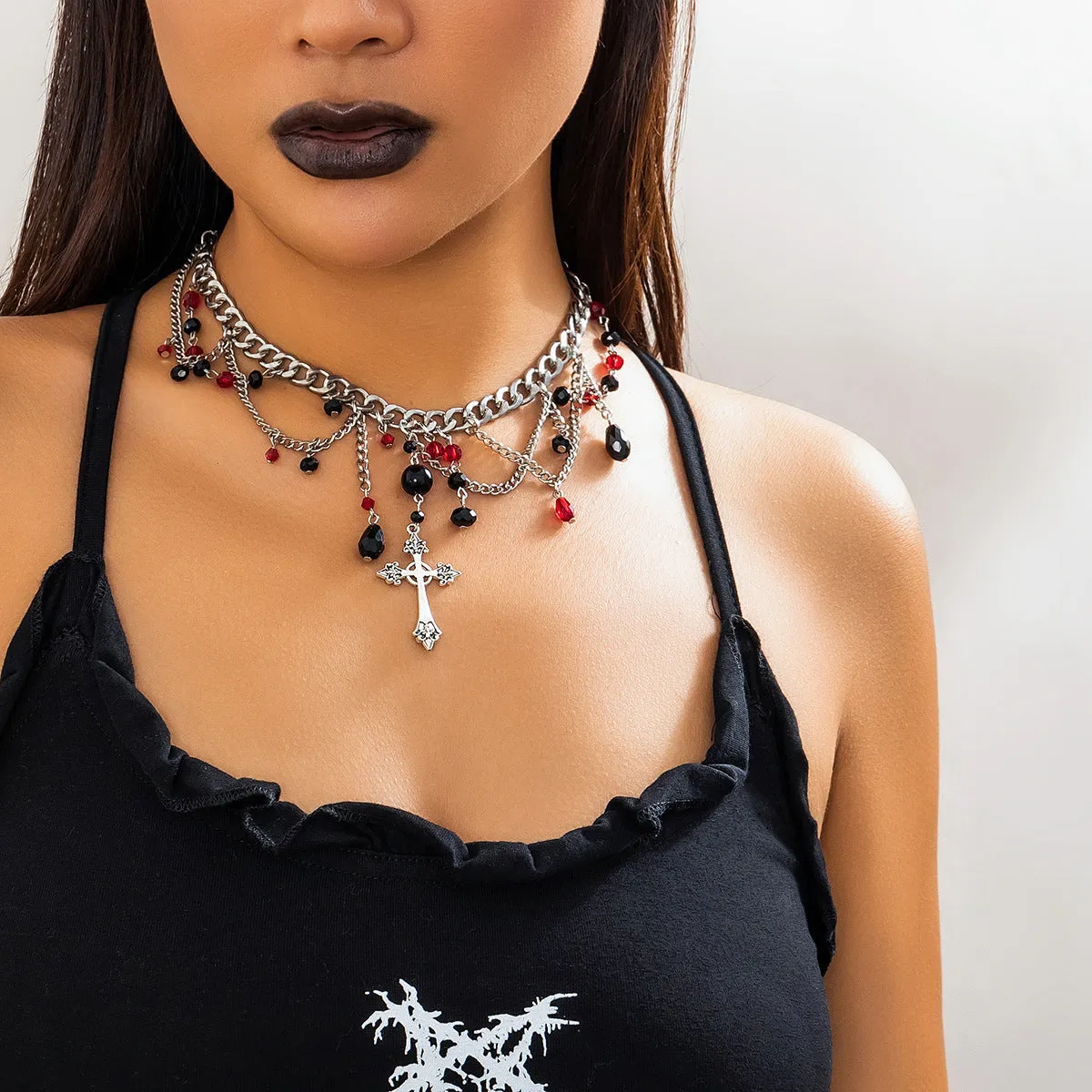 Gothic Style Blood Drop Tassel Necklace with Thorny Collar
