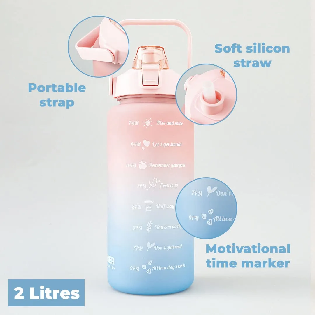 Kuber Industries 2 Litre Motivational Plastic Sipper Water Bottle with Water Tracker & Time Marker, Leakproof, BPA Free, Fitness Sports Bottle with Measurements (Gradient Blue & Pink, 1 Piece)
