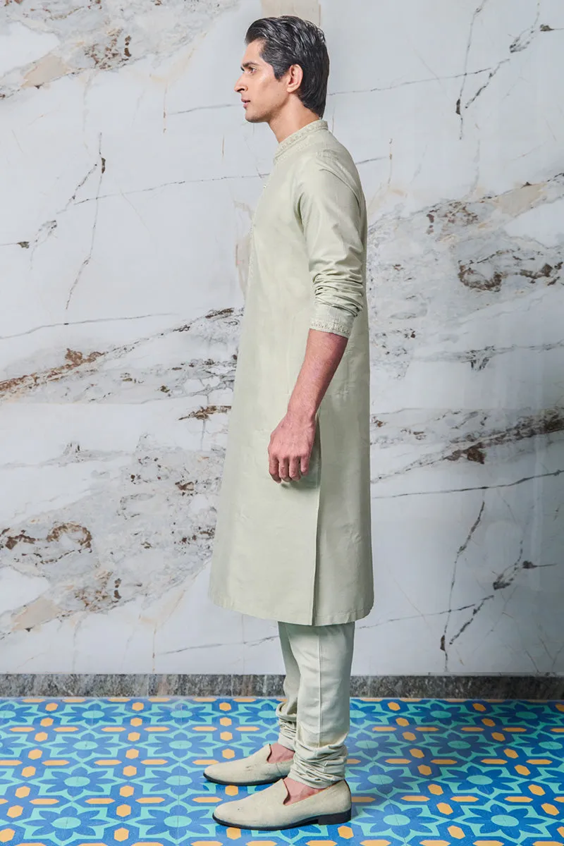 Light Green Cotton Kurta Set With Embroidered Collar and Placket