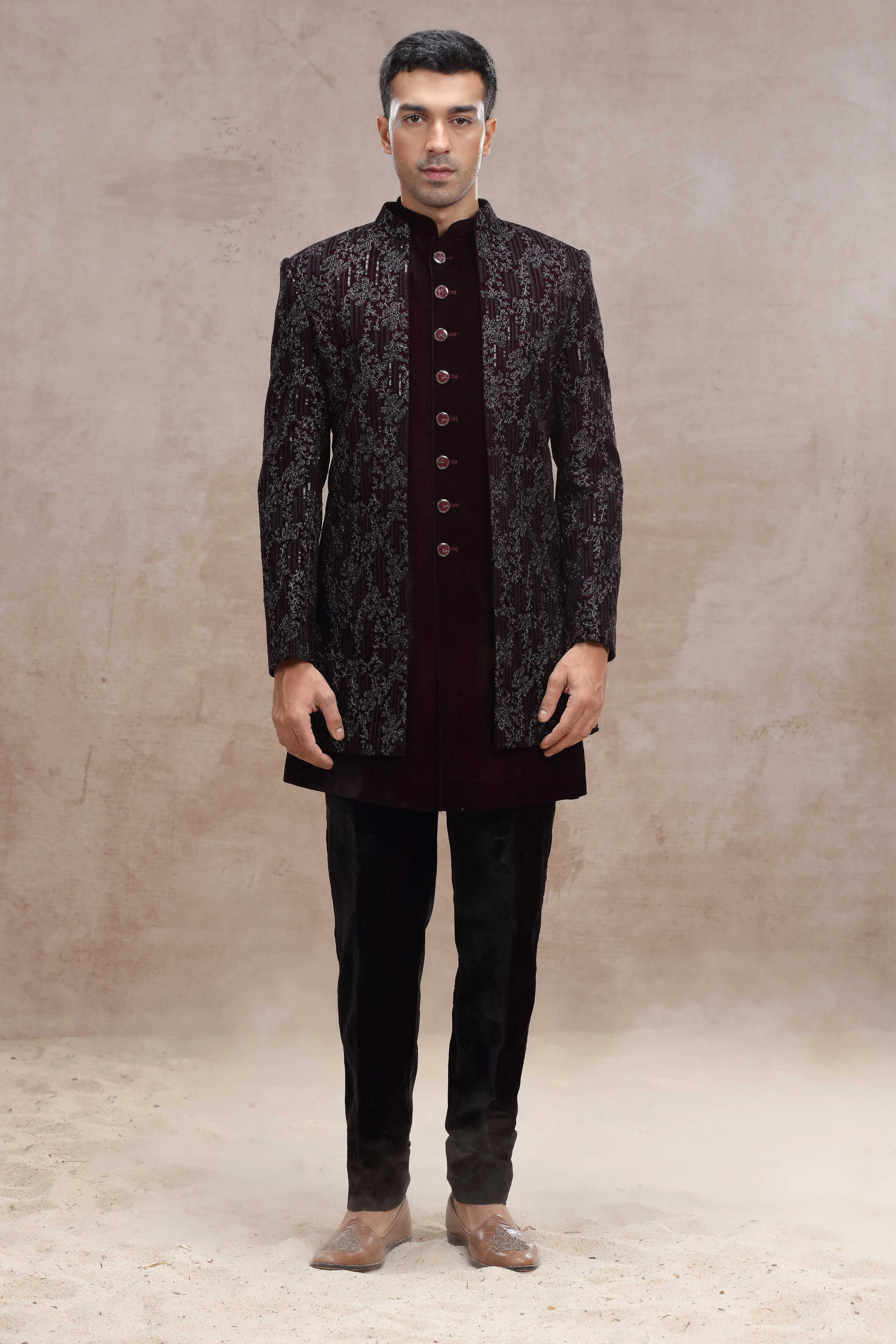 Maroon Velvet Indo Western with Metallic Wirework