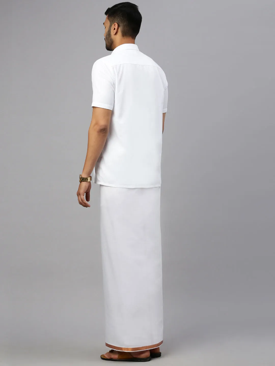 Men White Dhoti with 3/4" Copper Jari Border