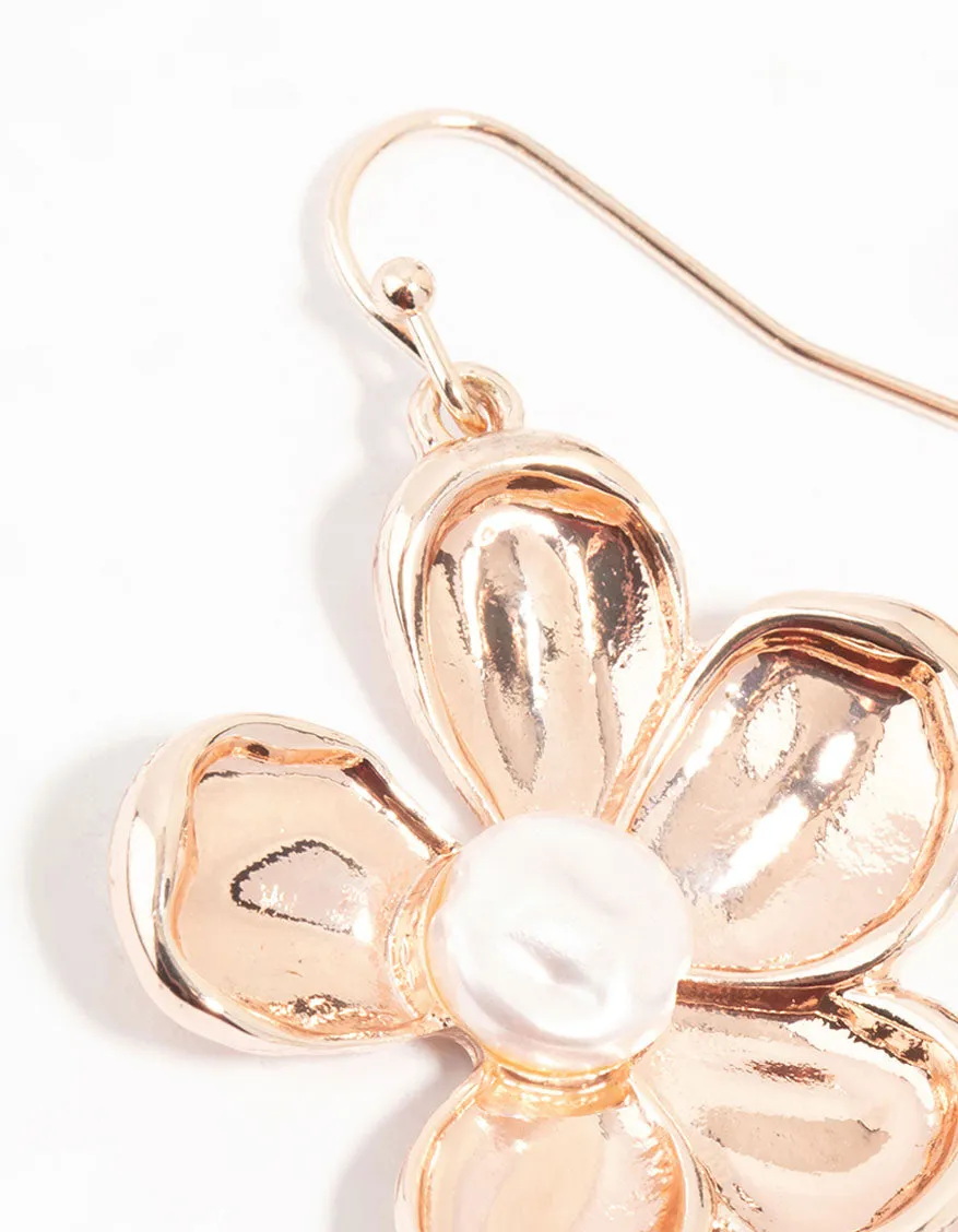 Rose Gold Flower Pearl Drop Earrings