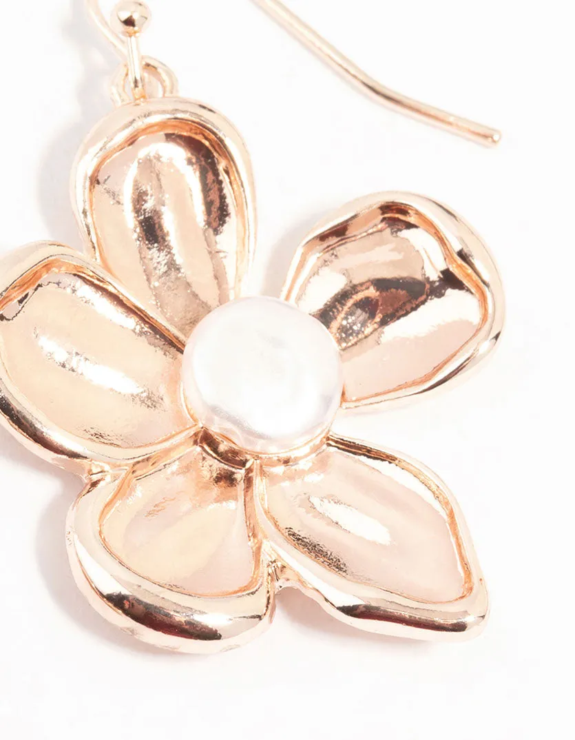 Rose Gold Flower Pearl Drop Earrings