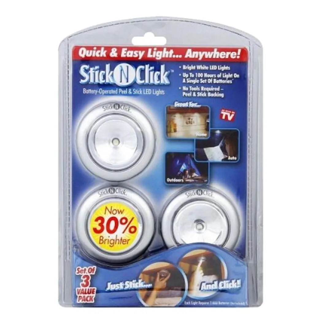 Round Stick 'N' Click - Peel and Stick LED Lights - Set of 3 - Silver -MO