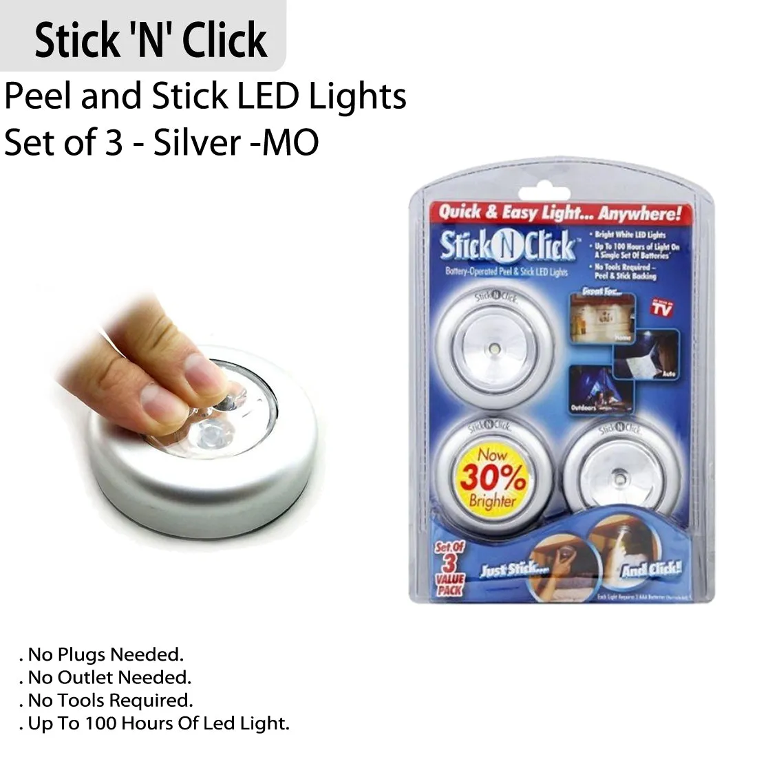Round Stick 'N' Click - Peel and Stick LED Lights - Set of 3 - Silver -MO