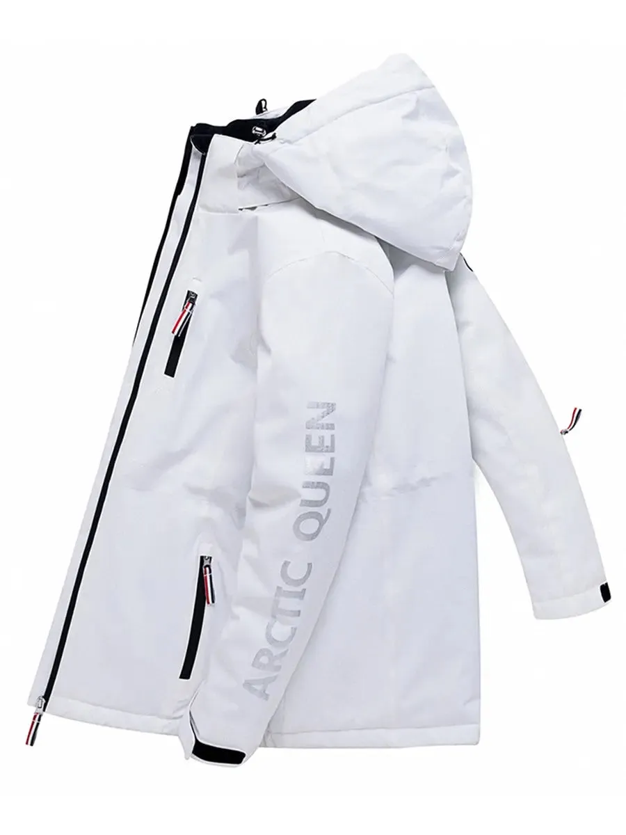 Solid White Insulated Ski Jacket with Detachable Hat