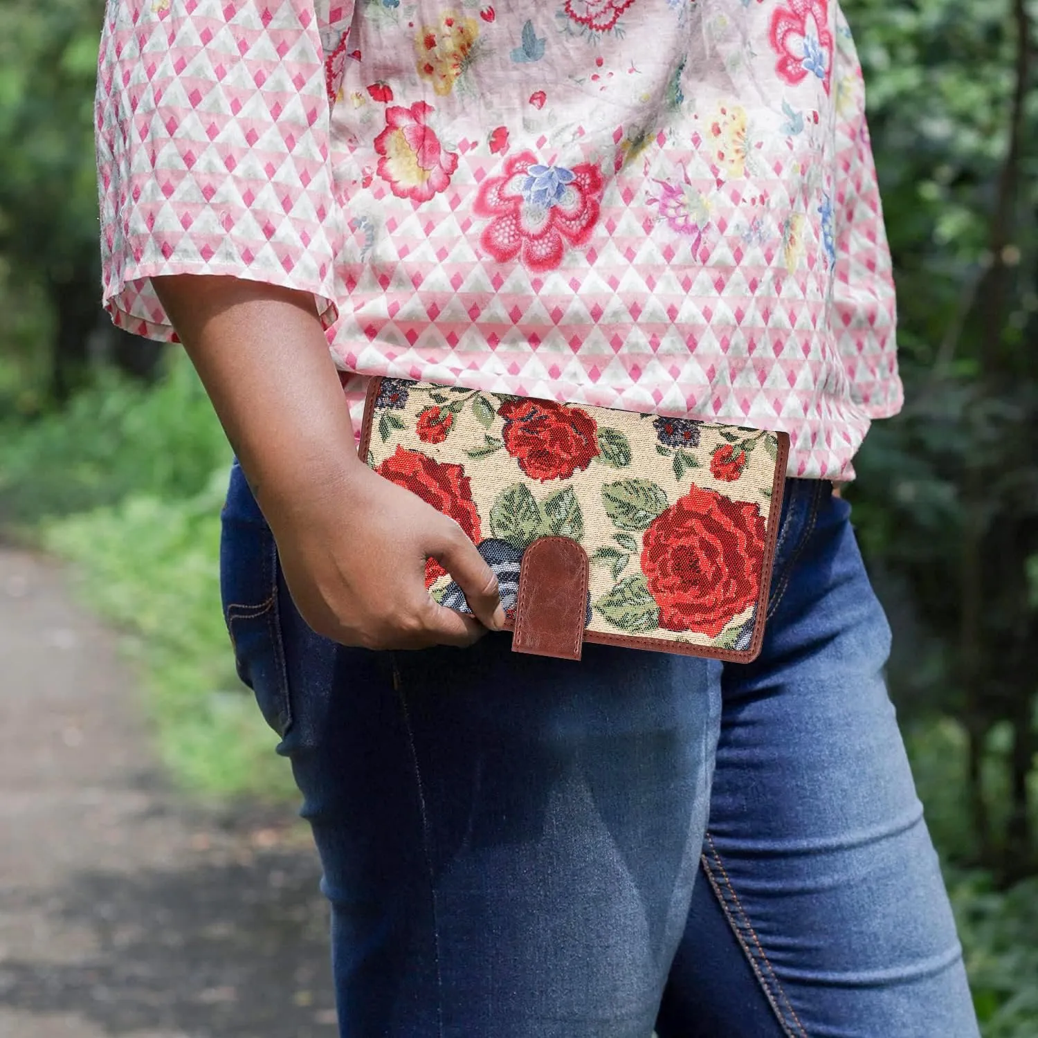 THE CLOWNFISH Voyage Vault Series Tapestry Fabric & Faux Leather Unisex Dual Passport Wallet Travel Document & Cash Organizer with Multiple Card Holder Slots & Button Flap Closure (Red-Floral)