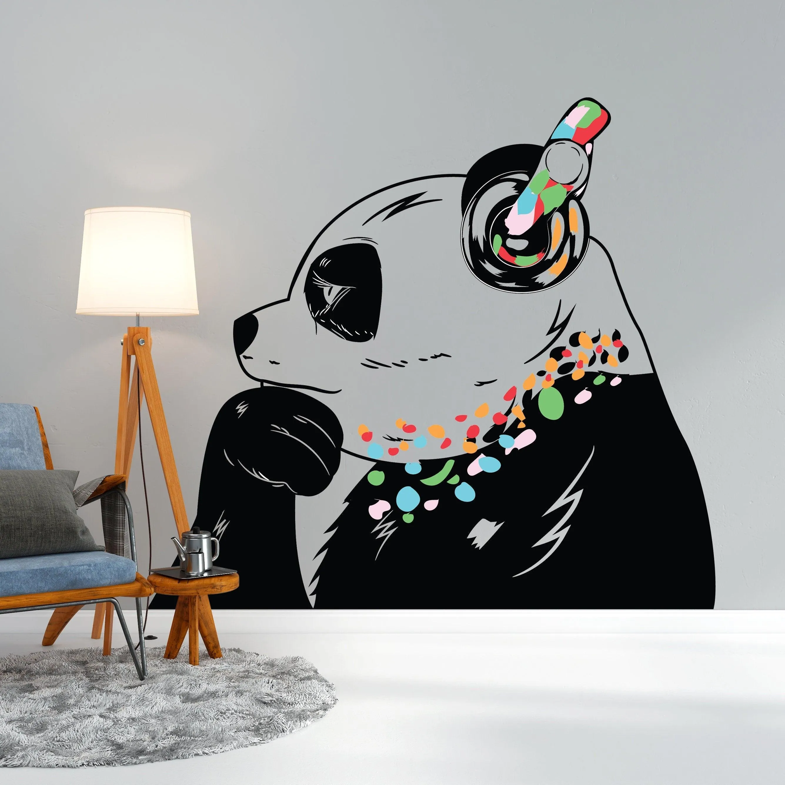 Vinyl Sticker Art - Panda Bear With Headphones, DJ Bear Wall Decal