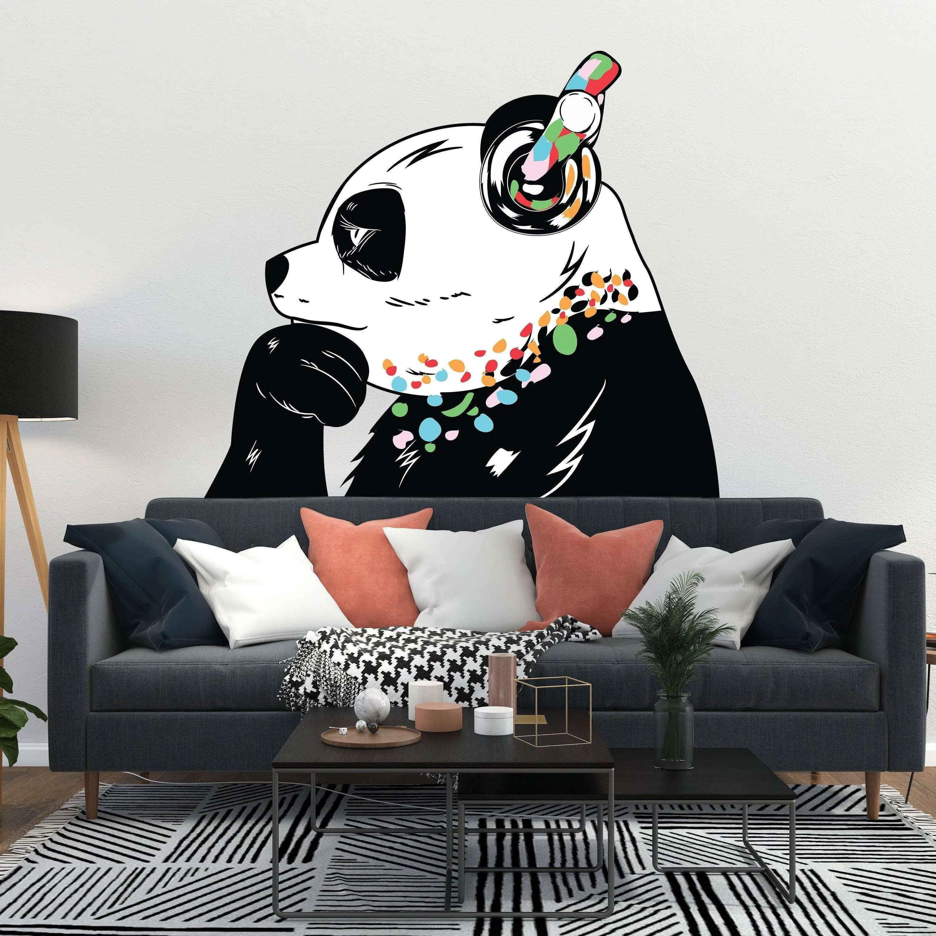 Vinyl Sticker Art - Panda Bear With Headphones, DJ Bear Wall Decal
