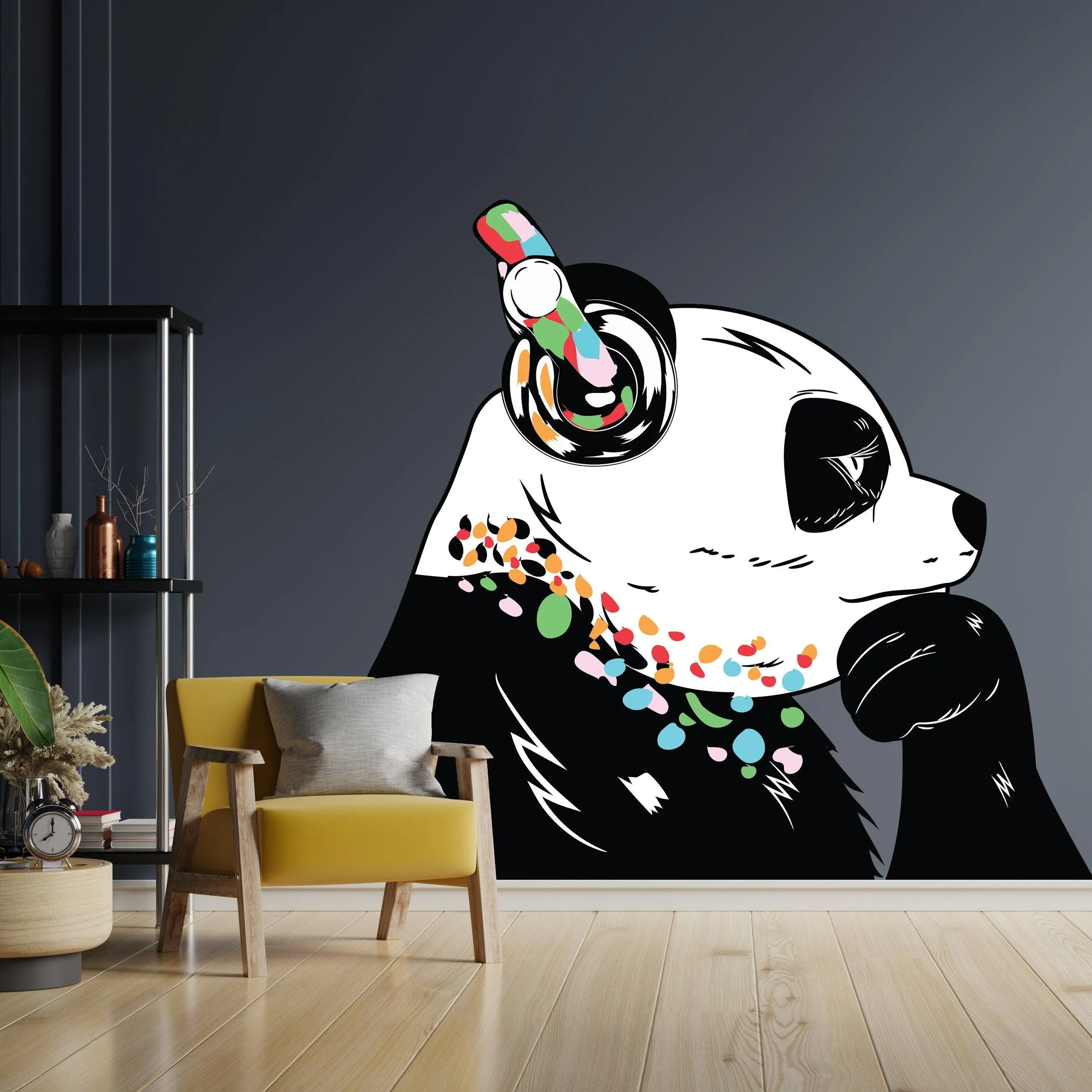 Vinyl Sticker Art - Panda Bear With Headphones, DJ Bear Wall Decal
