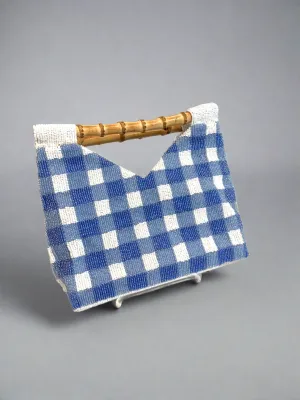 White and Periwinkle Beaded Bag with Bamboo Handle