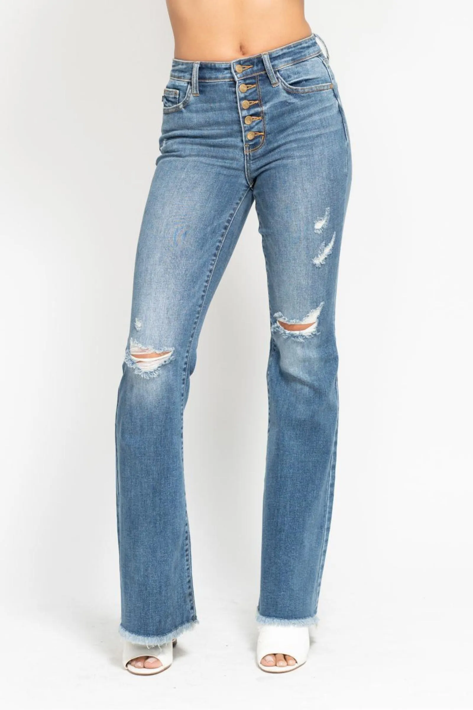 Zelda Button Fly Flare Destroy Fray Hem Judy Blue Jeans