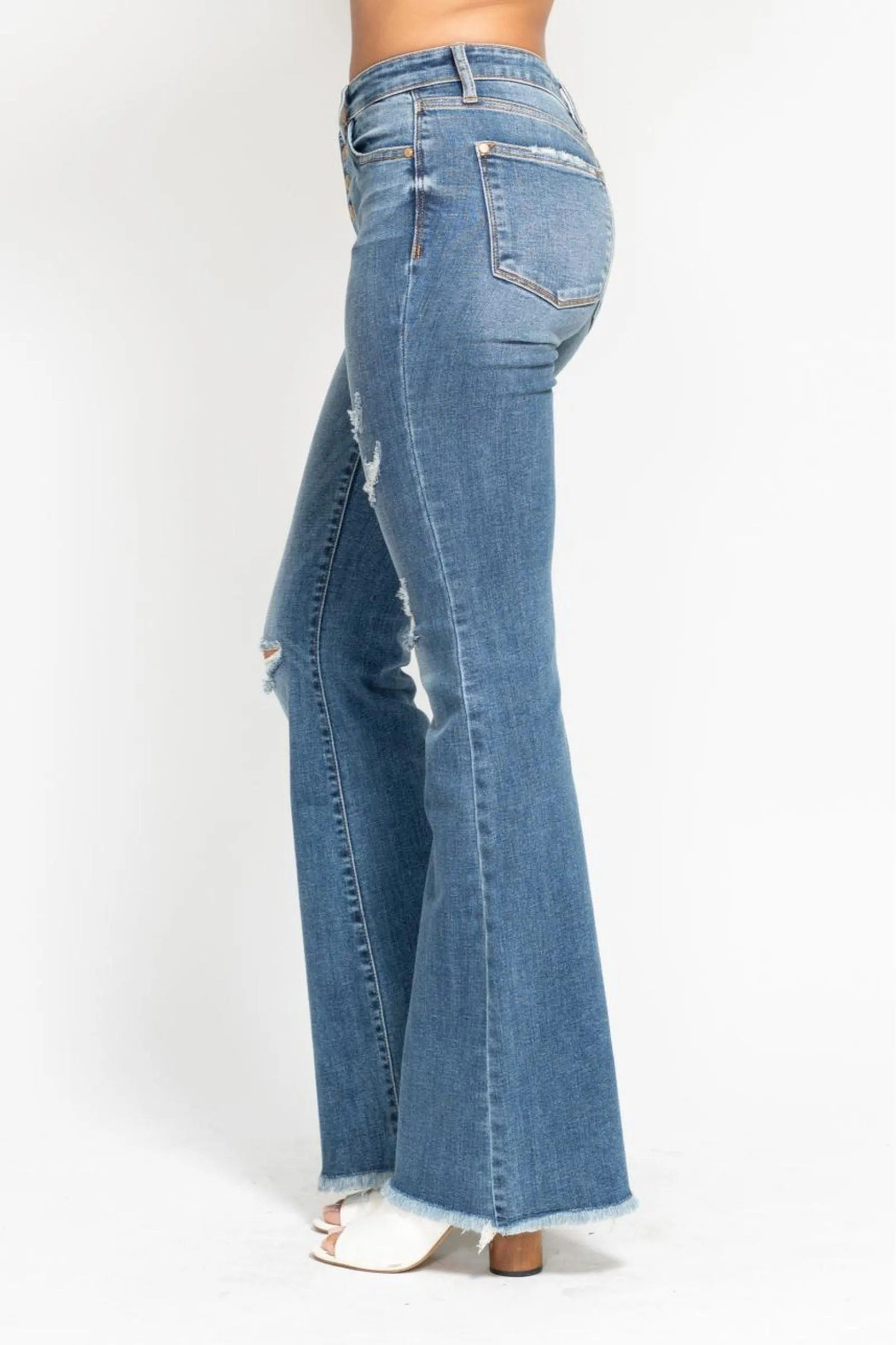Zelda Button Fly Flare Destroy Fray Hem Judy Blue Jeans